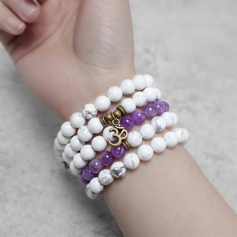 Fortune Jewel 108 Mala Beads Amethyst White Turquoise OM Healing Meditation Energy Bracelet
