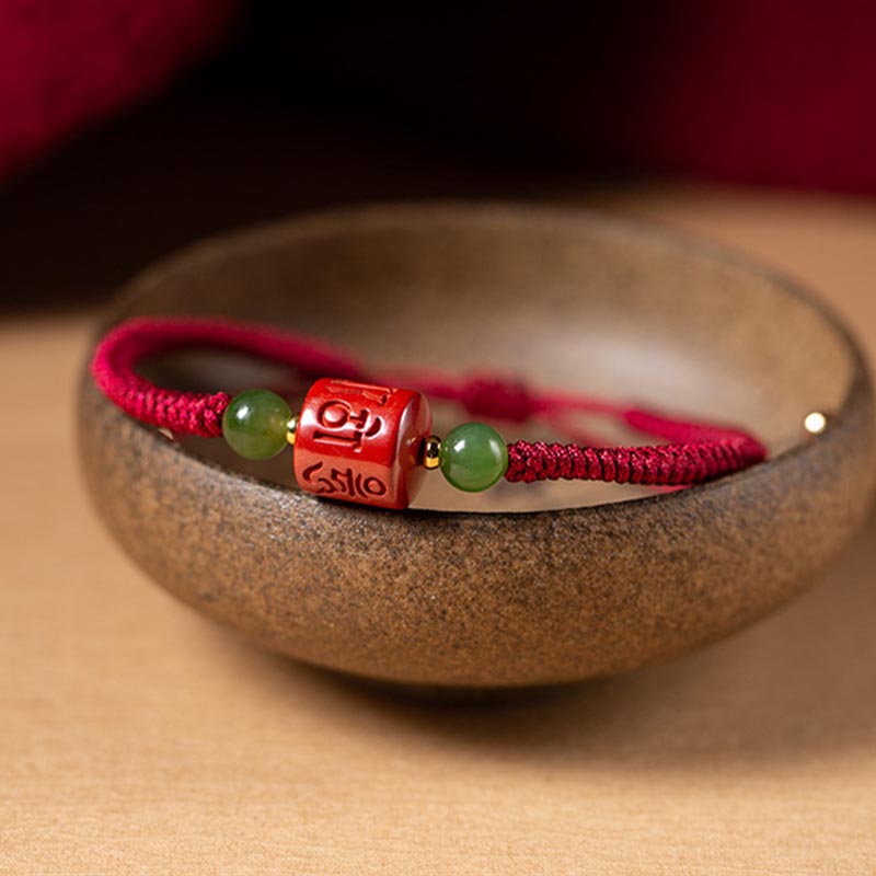 Fortune Jewel Tibetan Cinnabar Om Mani Padme Hum Engraved Blessing Braided Rope Bracelet
