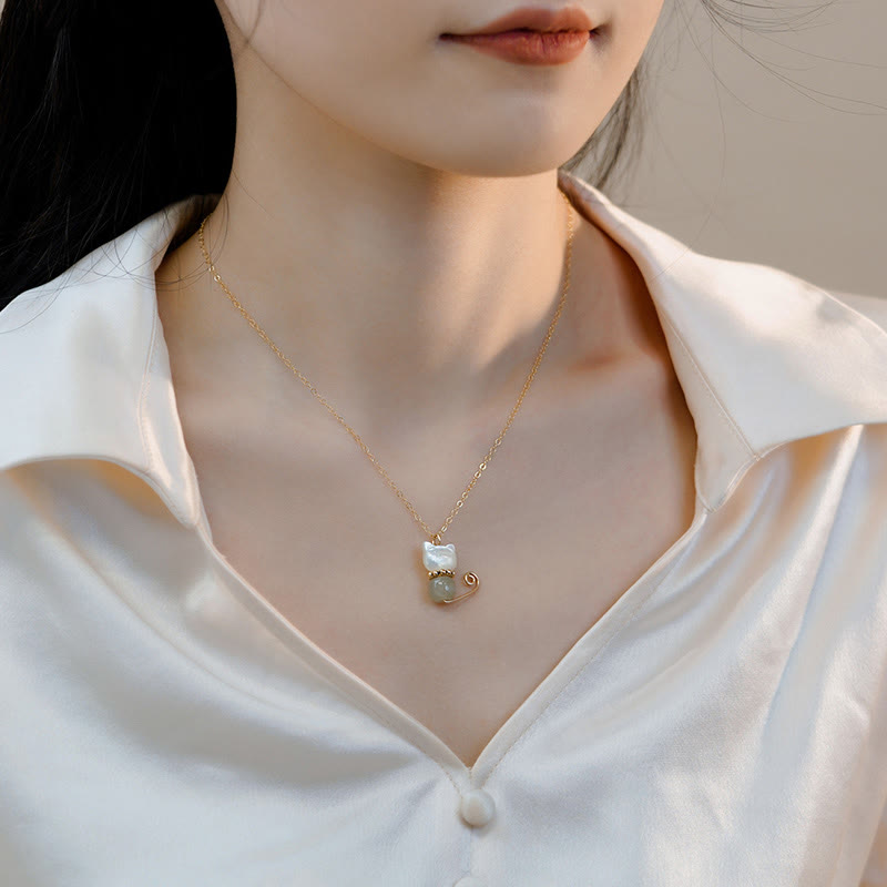 Fortune Jewel 14K Gold Plated Pearl Hetian Jade Shell Luck Cat Kitten Necklace Pendant