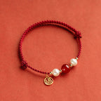 Fortune Jewel 925 Sterling Silver Good Fortune Fu Character Agate Pearl Red String Braid Bracelet