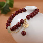 Fortune Jewel Cinnabar Fu Character Hetian Jade Lucky Four Leaf Clover Blessing Bracelet