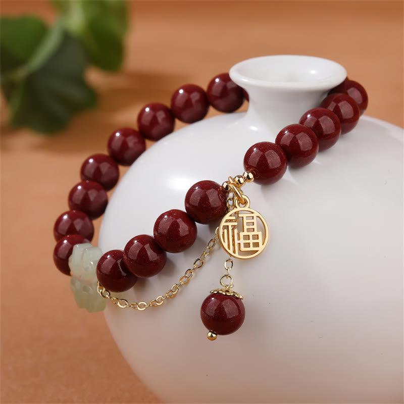 Fortune Jewel Cinnabar Fu Character Hetian Jade Lucky Four Leaf Clover Blessing Bracelet
