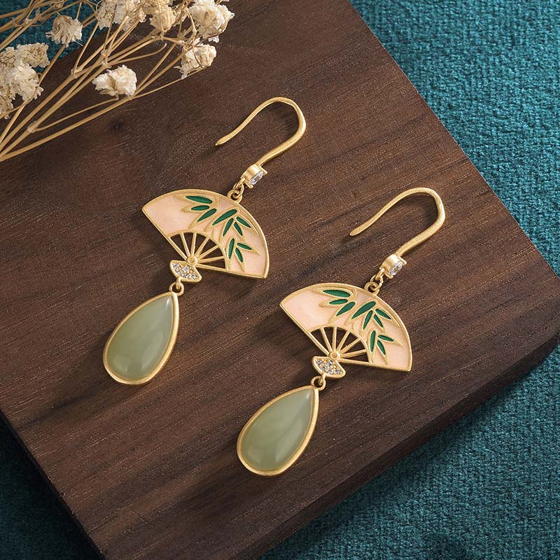 Fortune Jewel Natural Green Aventurine Fan Pattern Luck Drop Earrings