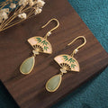 Fortune Jewel Natural Green Aventurine Fan Pattern Luck Drop Earrings