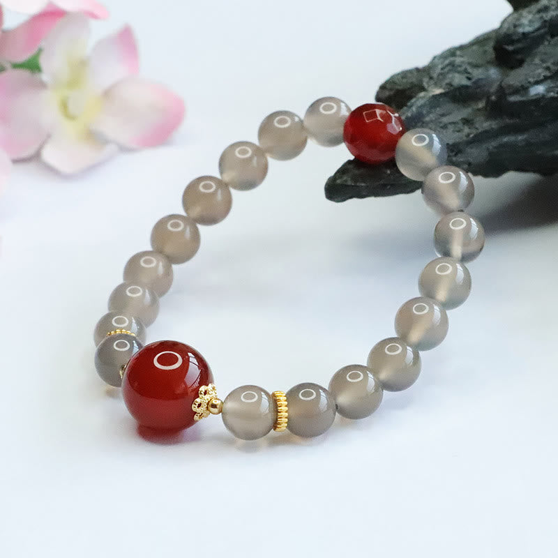 Fortune Jewel Natural Gray Chalcedony Red Agate Harmony Bracelet