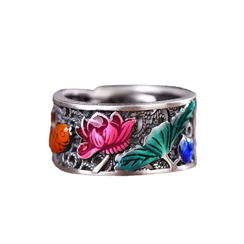 Fortune Jewel Copper Blue Enamel Lotus Heart Sutra Koi Fish Luck Ring Fortune Jewel