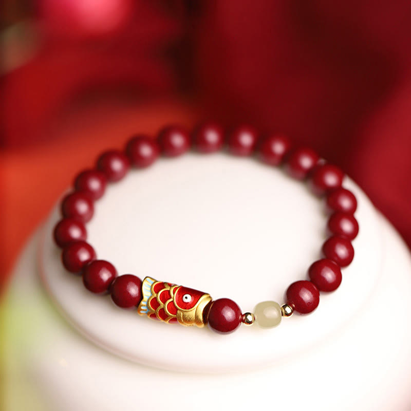 Fortune Jewel Natural Cinnabar Lucky Koi Fish Hetian Jade Bead Blessing Bracelet