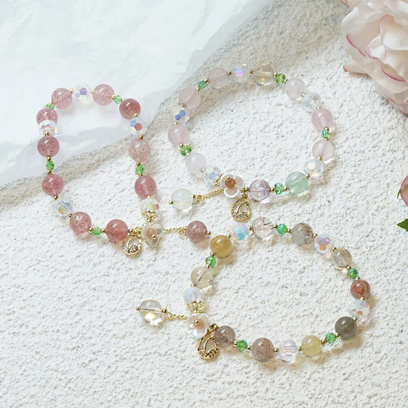 Fortune Jewel Strawberry Quartz Rutilated Quartz Fluorite Flower Healing Bracelet