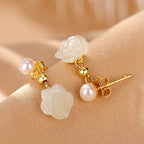 Fortune Jewel 925 Sterling Silver Plated Gold Jade Rose Flower Cyan Jade Pearl Luck Earrings