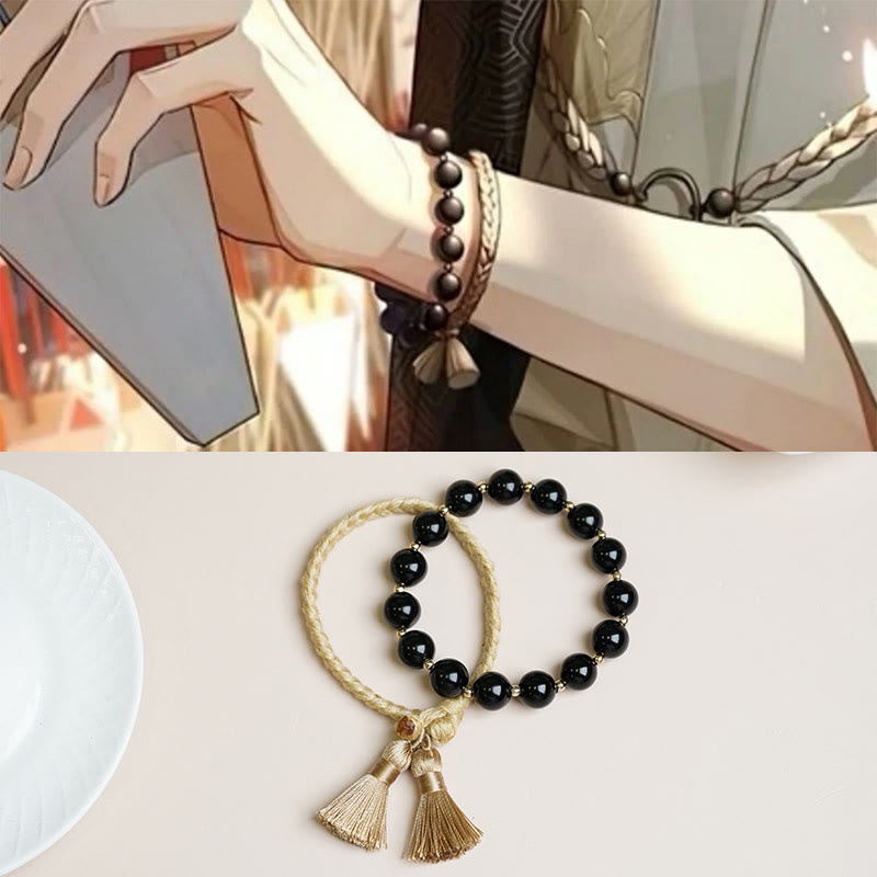 Fortune Jewel 2Pcs Black Onyx Bead Support Protection String Bracelet