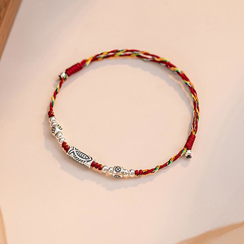Fortune Jewel 925 Sterling Silver Luck Koi Fish Braided Colorful String Bracelet Anklet