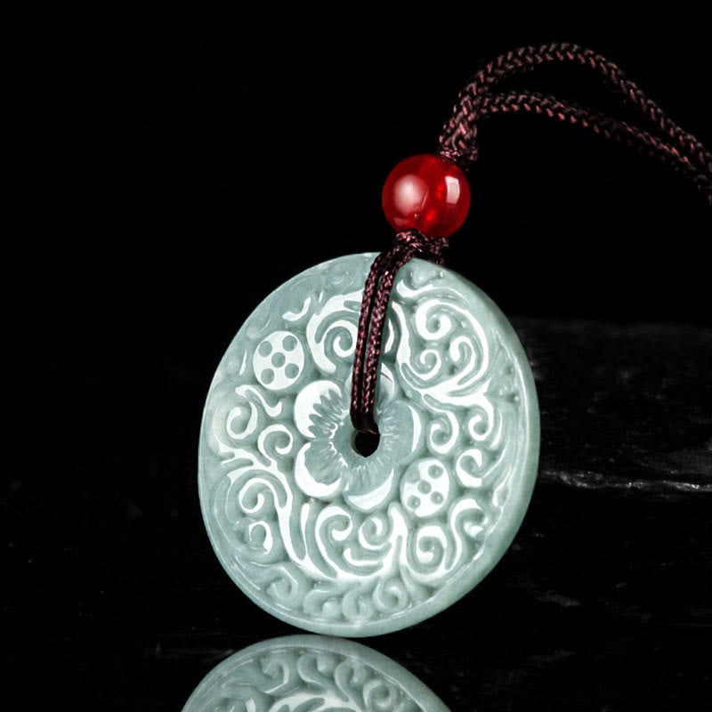 Fortune Jewel Green Jade Flower Carved Peace Buckle Abundance Necklace Pendant