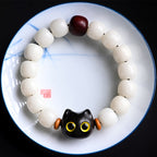 Fortune Jewel Natural Bodhi Seed Small Leaf Red Sandalwood Ebony Wood Cute Lucky Cat Wisdom Bracelet