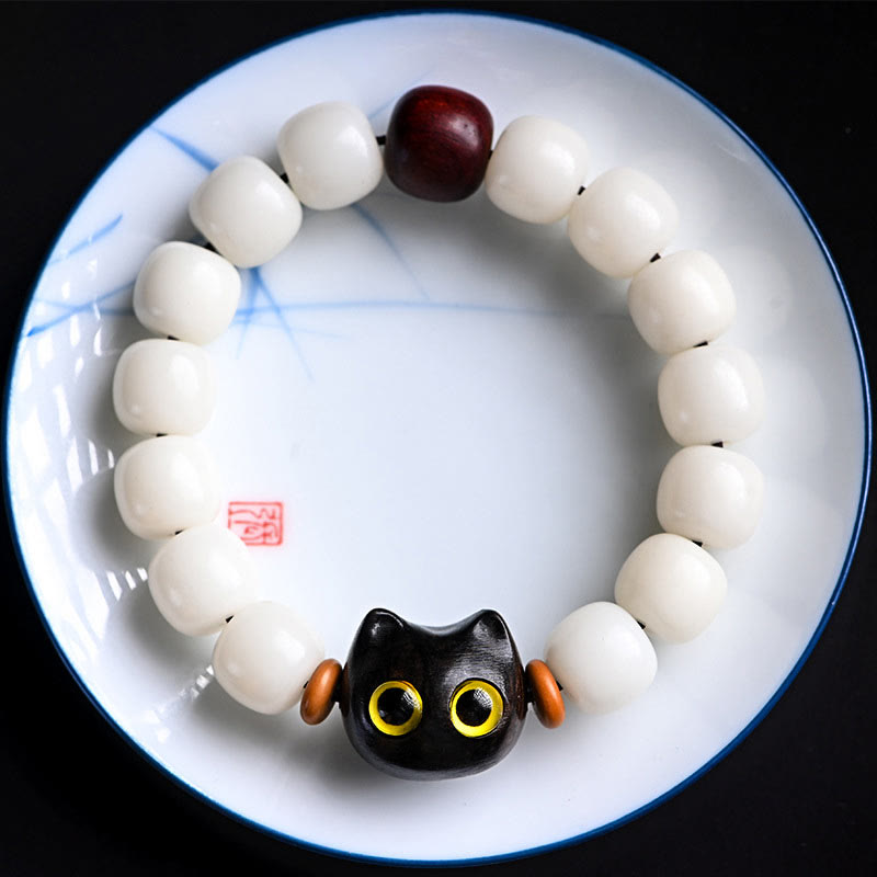 Fortune Jewel Natural Bodhi Seed Small Leaf Red Sandalwood Ebony Wood Cute Lucky Cat Wisdom Bracelet