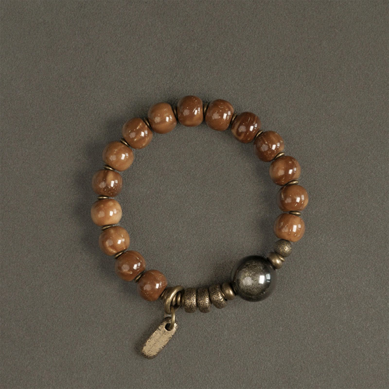 Fortune Jewel Kuka Seed Tiger Eye Gold Sheen Obsidian Brass Copper Wealth Luck Bracelet