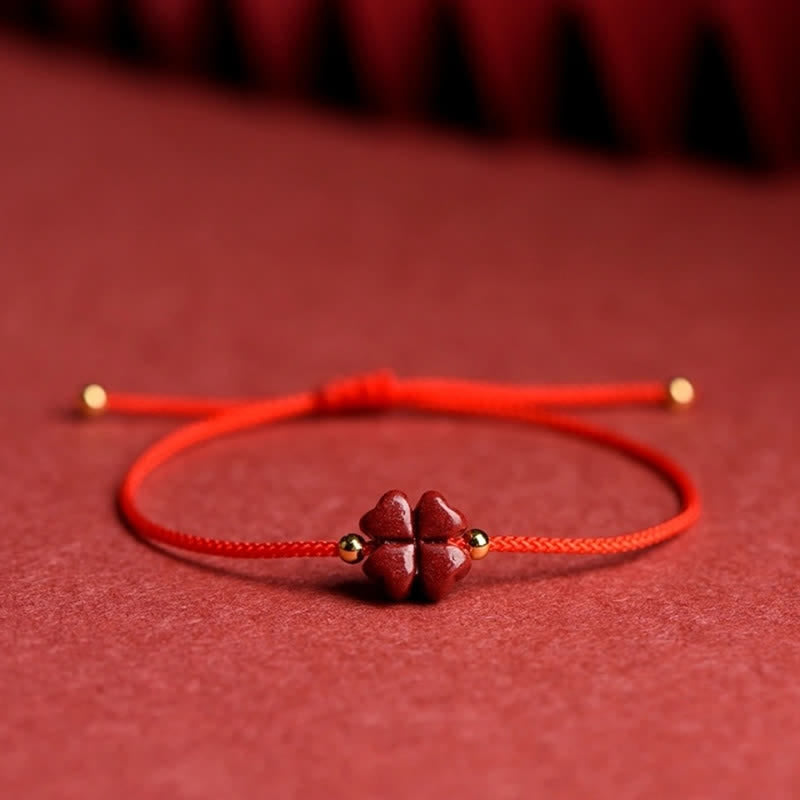 Fortune Jewel Natural Cinnabar Four Leaf Clover Blessing Red String Bracelet Anklet