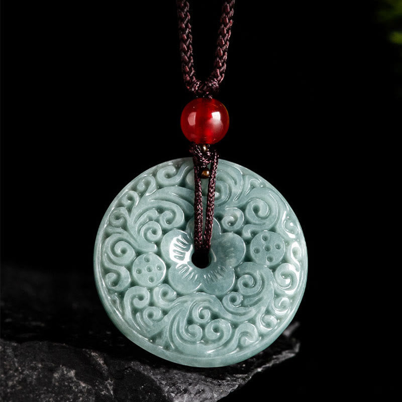 Fortune Jewel Green Jade Flower Carved Peace Buckle Abundance Necklace Pendant