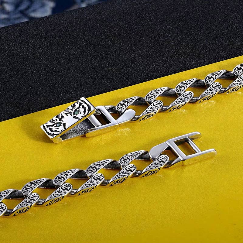 Fortune Jewel Tiger Tang Dynasty Flower Design Copper Luck Chain Bracelet