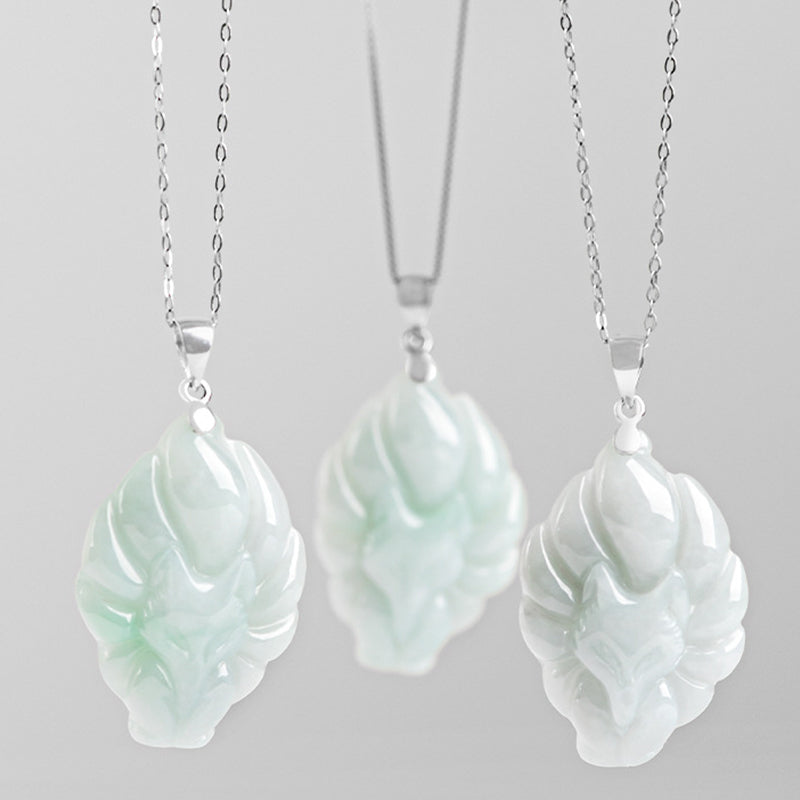 Fortune Jewel Natural Jade Nine Tailed Fox Prosperity Titanium Steel Chain Necklace Pendant