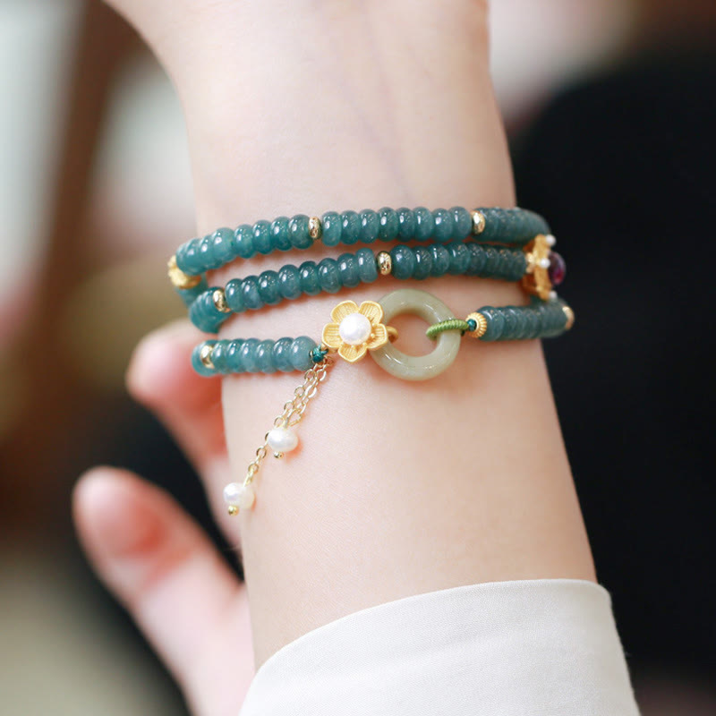 Fortune Jewel 925 Sterling Silver Gold Plated Cyan Jade Flower Peace Buckle Success Triple Wrap Bracelet