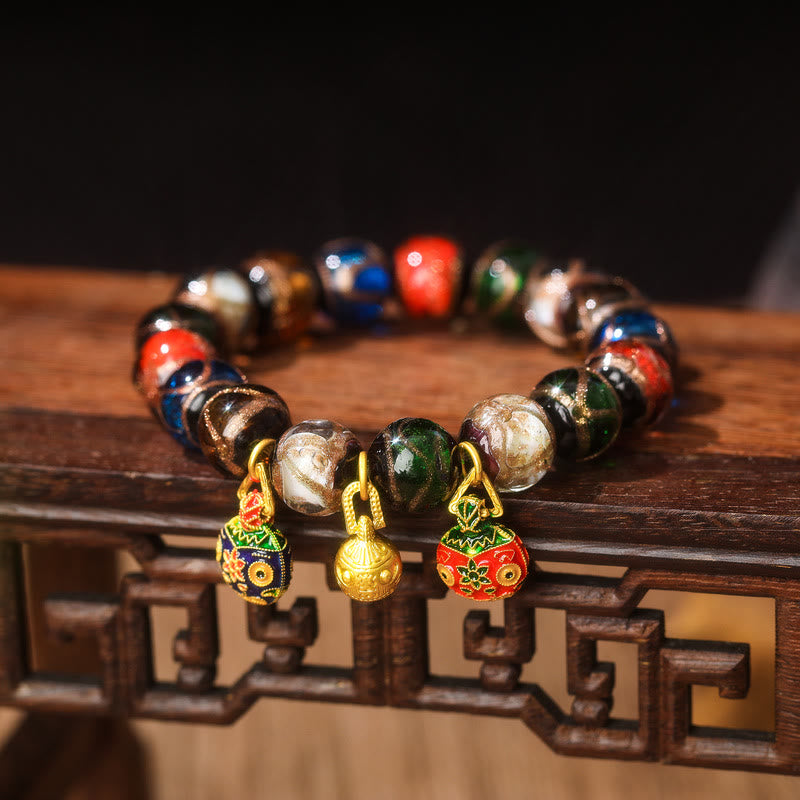 Fortune Jewel Five Elements Gold Swallowing Beast Family Charm Liuli Glass Bead Luck Bracelet