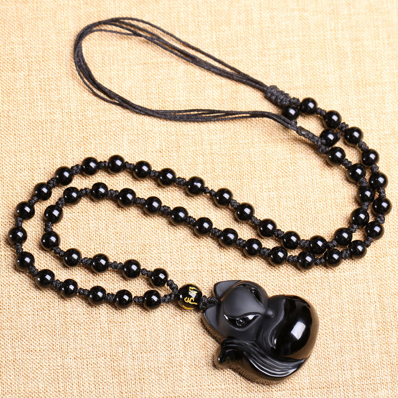 Fortune Jewel Natural Black Obsidian Tiger Eye Ice Obsidian Fox Pendant Amulet Necklace