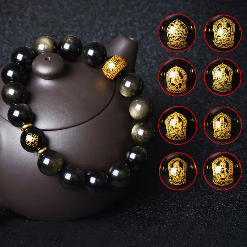 Fortune Jewel Chinese Zodiac Natal Buddha Gold Sheen Obsidian Wealth Protection Bracelet