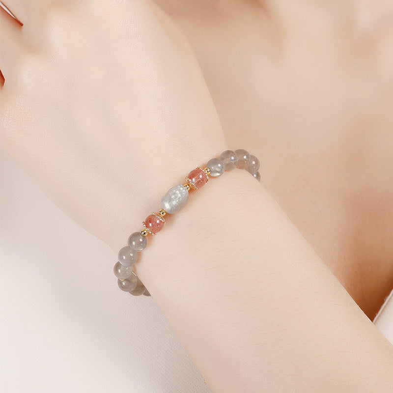 Fortune Jewel Aquamarine Strawberry Quartz Amethyst Moonstone PiXiu Healing Bracelet