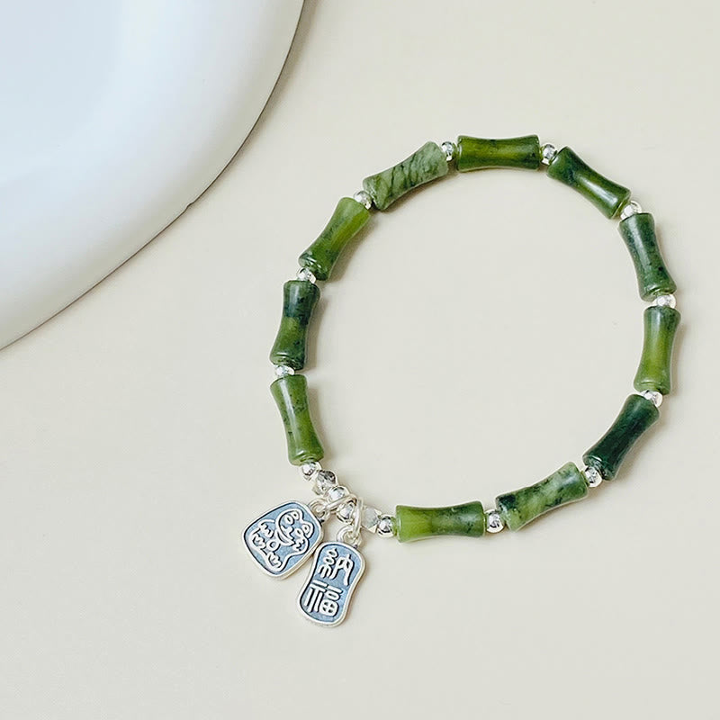 Fortune Jewel 925 Sterling Silver Bamboo Jade Lucky Cat Fu Character Luck Abundance Bracelet