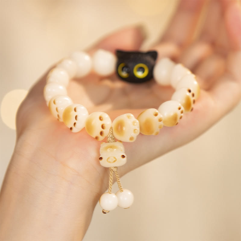 Fortune Jewel Natural Bodhi Seed Red Sandalwood Lovely Paw Lucky Cat Peace Bracelet