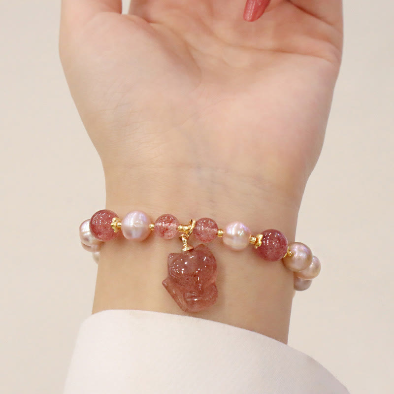 Fortune Jewel Natural Pearl Strawberry Quartz Cute Fox Love Healing Charm Bracelet