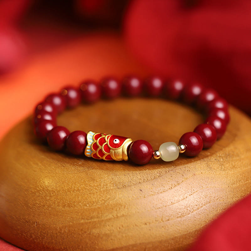 Fortune Jewel Natural Cinnabar Lucky Koi Fish Hetian Jade Bead Blessing Bracelet