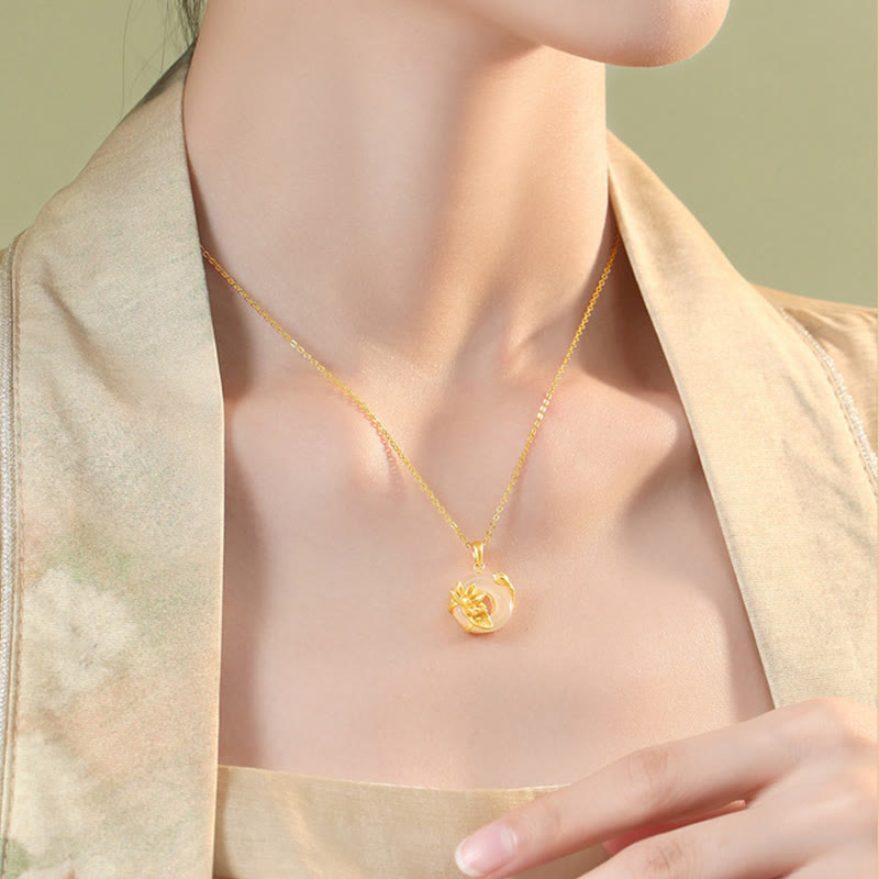 Fortune Jewel Natural White Chalcedony Peace Buckle Lotus Pendant S925 Sterling Silver Necklace