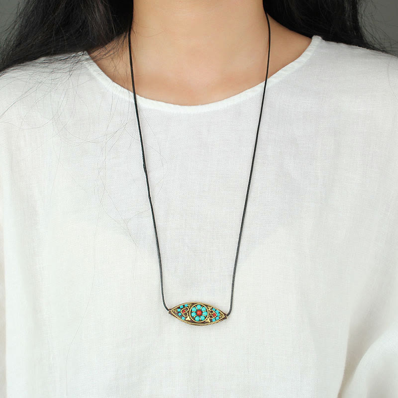 Fortune Jewel Tibet Turquoise Bead Marquise Pattern Protection Strength Necklace Pendant