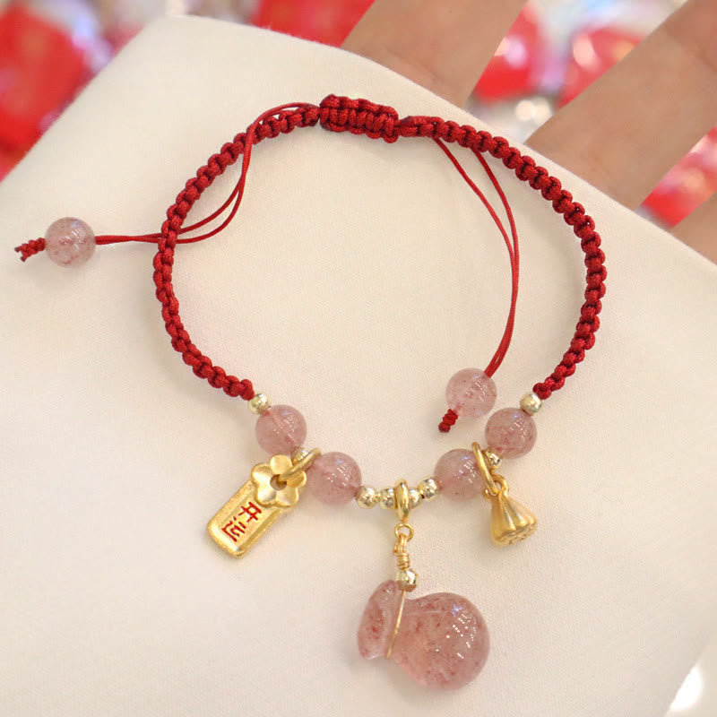 Fortune Jewel Natural Strawberry Quartz Money Bag Lotus Healing Charm Red String Braided Bracelet