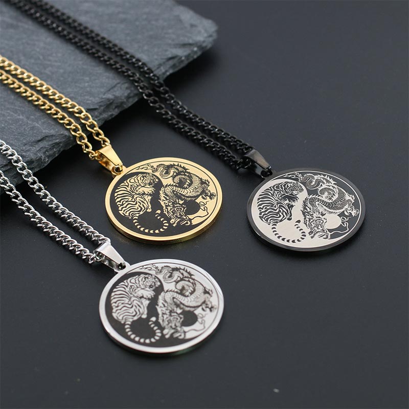 Fortune Jewel Tiger Dragon Titanium Steel Chain Necklace Harmony Pendant