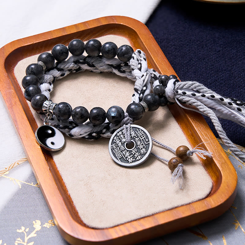 Fortune Jewel Black Glitter Stone Cat's Eye Yin Yang Mountain Ghosts Spend Money Power Double Layer Rope Bracelet