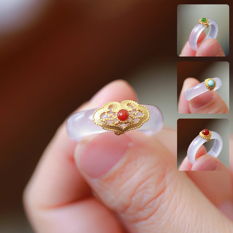 Fortune Jewel White Agate Cyan Jade Turquoise Red Agate Luck Protection Ring