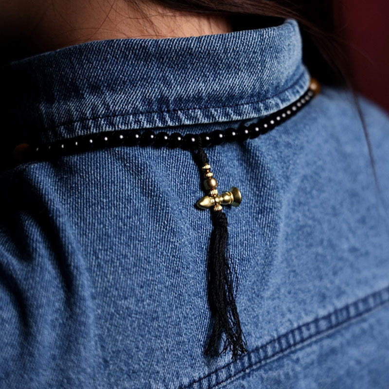 Fortune Jewel Tibetan 108 Mala Beads Black Onyx Tiger Eye Beads Nine Palaces Bagua Protection Bracelet