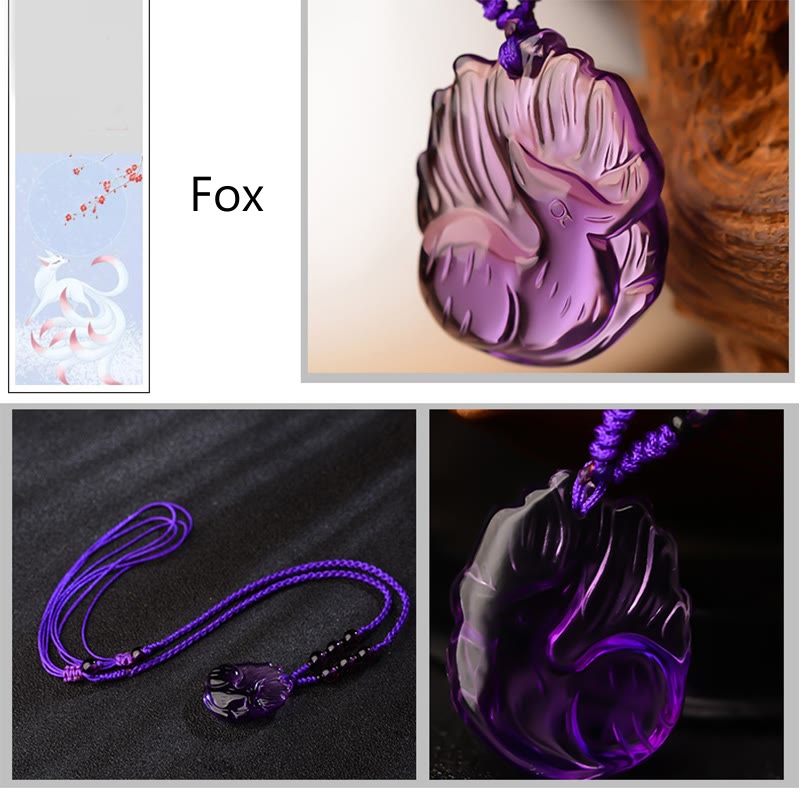 Fortune Jewel Natural Amethyst White Crystal Citrine Nine Tailed Fox Luck Necklace Pendant