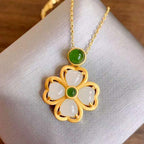 Fortune Jewel 925 Sterling Silver Lucky Four Leaf Clover Jade Prosperity Necklace Chain Pendant