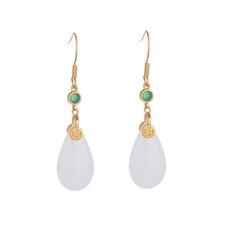 Fortune Jewel FengShui White Jade Luck Drop Earrings