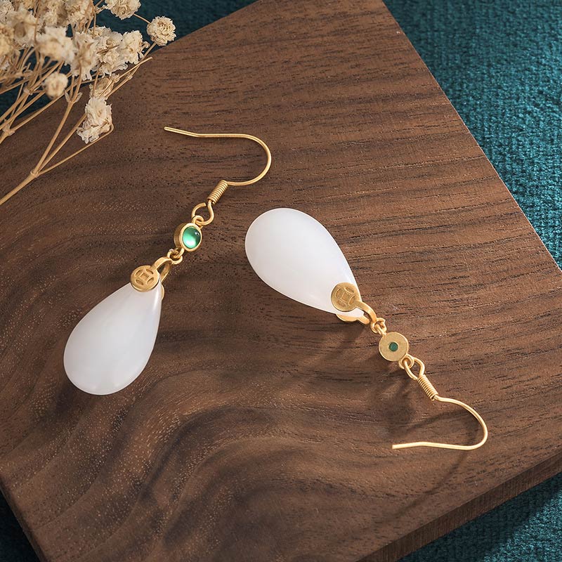 Fortune Jewel FengShui White Jade Luck Drop Earrings