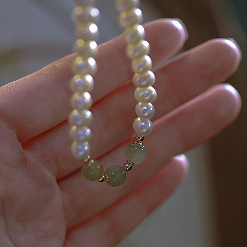Fortune Jewel 14K Gold Plated Natural Pearl Hetian Cyan Jade White Jade Sincerity Bead Chain Bracelet