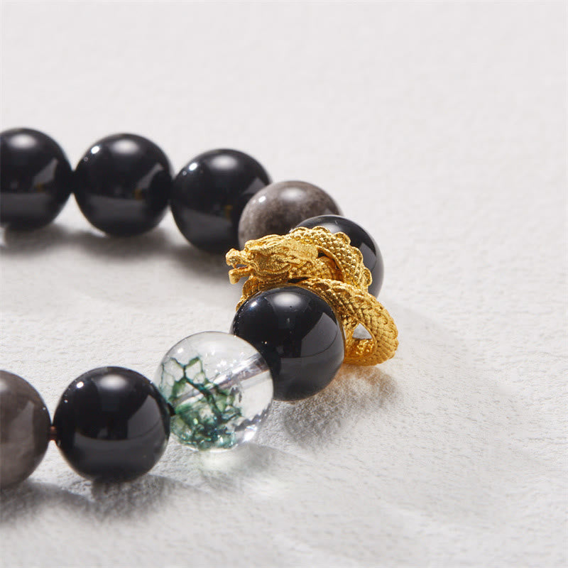 Fortune Jewel Natural Silver Sheen Obsidian Dragon Green Phantom Protection Bracelet