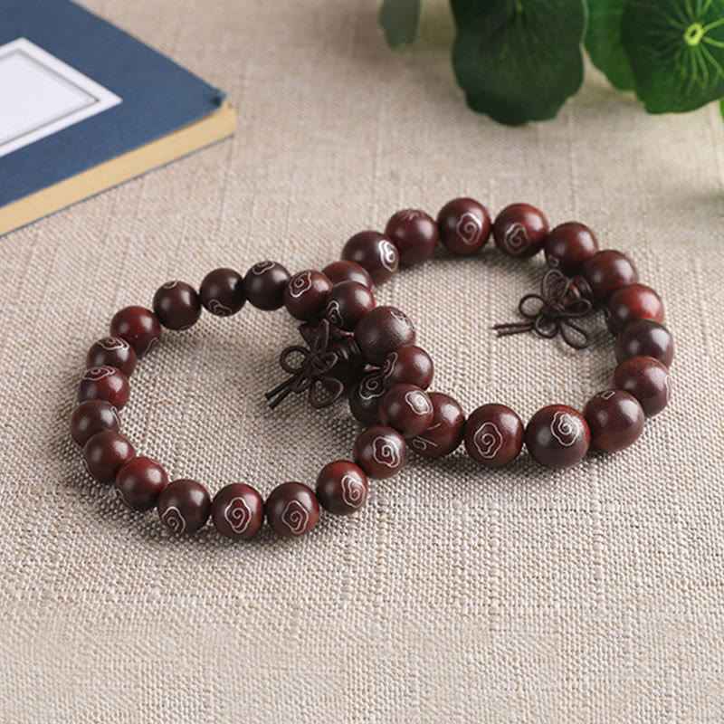 Fortune Jewel 925 Sterling Silver Inlaid Small Leaf Red Sandalwood Om Mani Padme Hum Character Auspicious Clouds Protection Bracelet