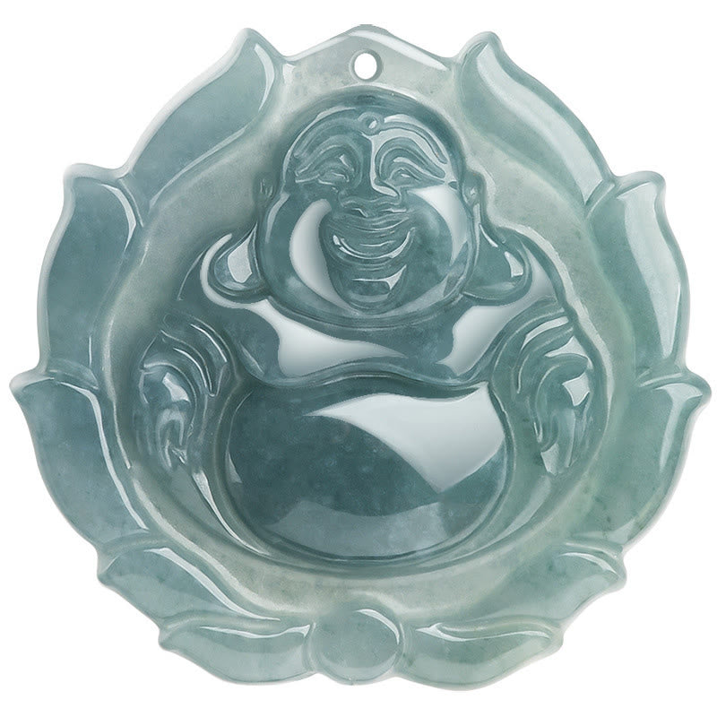 Fortune Jewel Natural Jade Laughing Buddha Lotus Pattern Luck Necklace Pendant Fortune Jewel