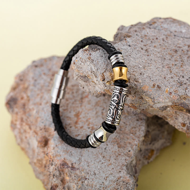 Fortune Jewel Tang Dynasty Flower Design Luck Stainless Steel Buckle Leather Bracelet