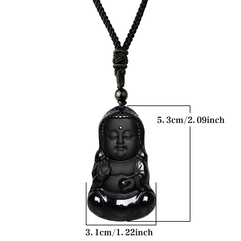 Fortune Jewel Natural Black Obsidian Crystal Buddha Strength Protection Amulet Lucky Charm Pendant Necklace
