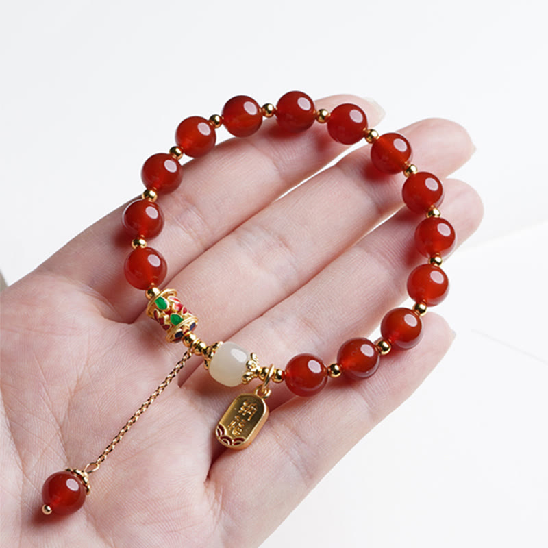 Fortune Jewel Natural Red Agate Hetian Jade Fu Character Confidence Charm Bracelet